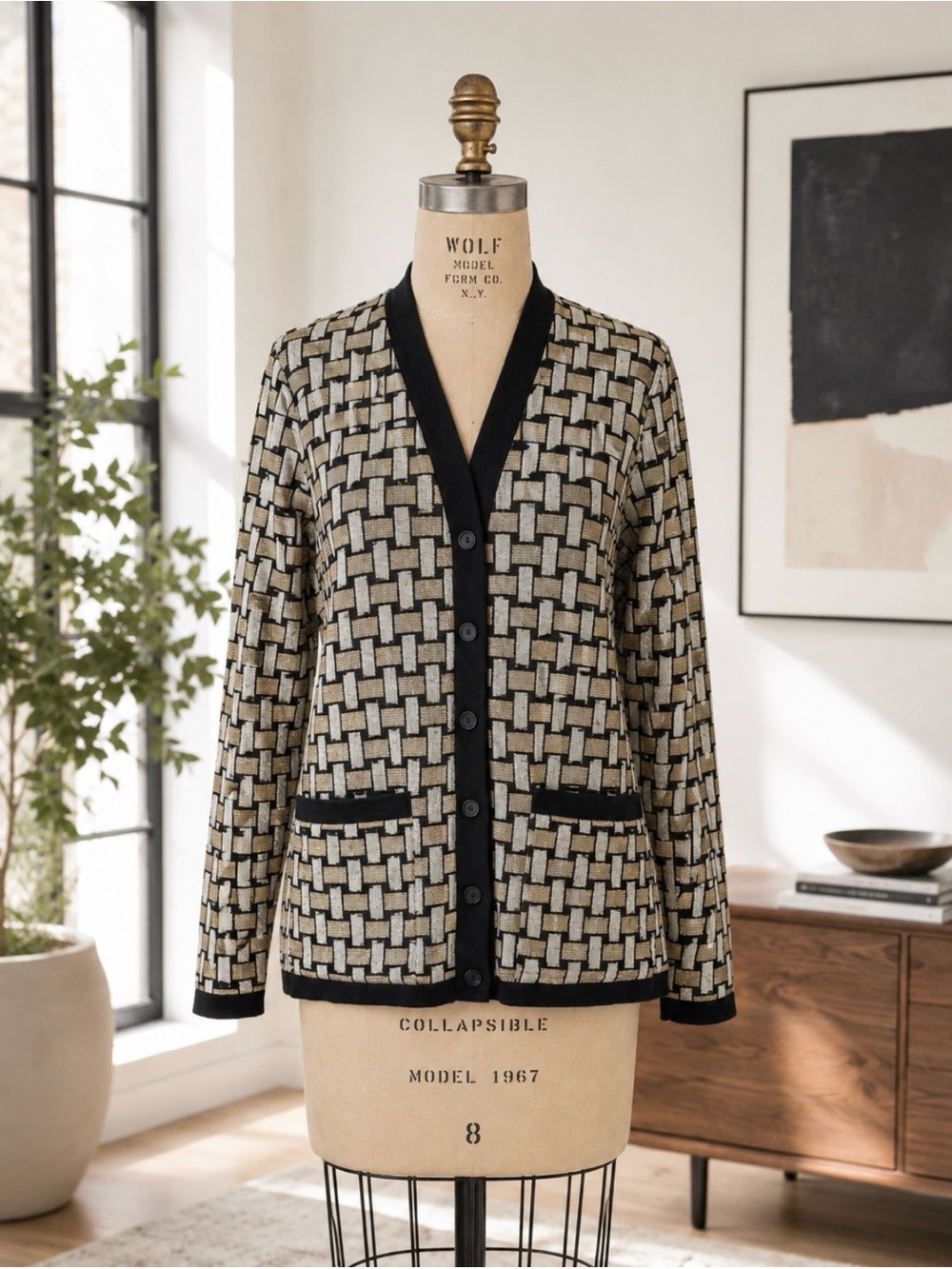 VTG Made in Canada 80s Black, Gold Silver Metallic Geometric Patterned Cardigan